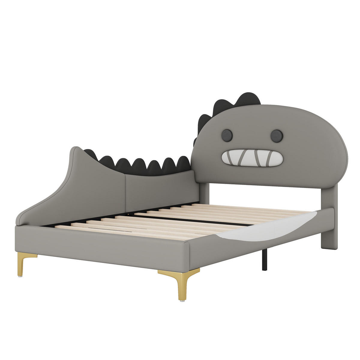 DETSKÁ posteľ 90/200 cm sivá s dinosaurím čelom z PU a MDF - sivá, plast (90/200cm) - OKWISH