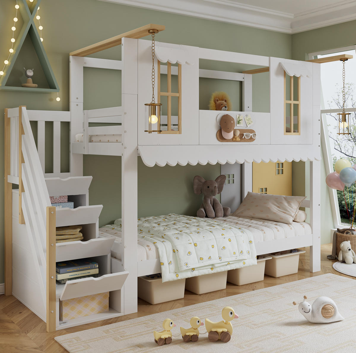 ETAGENBETT 90/200 cm Weiß/Natur mit Aufbewahrungstreppe und Hausdesign - Weiß, Holz (90/200cm) - Flora Grace