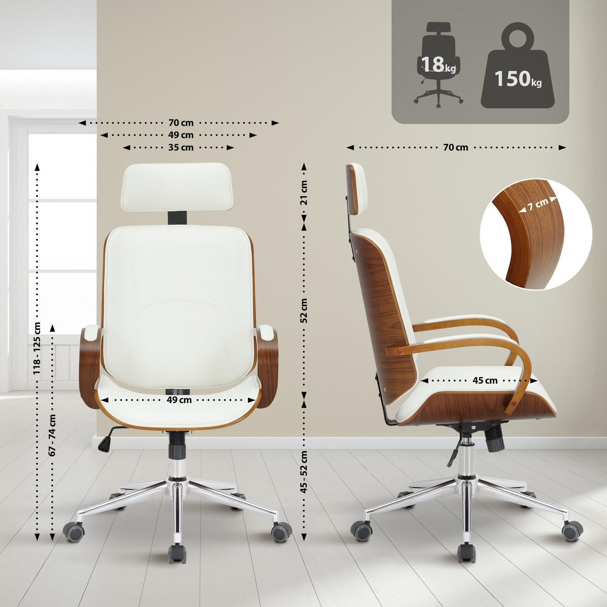 DREHSTUHL Lederlook Walnuss/Weiß - Walnussfarben/Weiß, Textil/Metall (70/118/70cm) - CLP