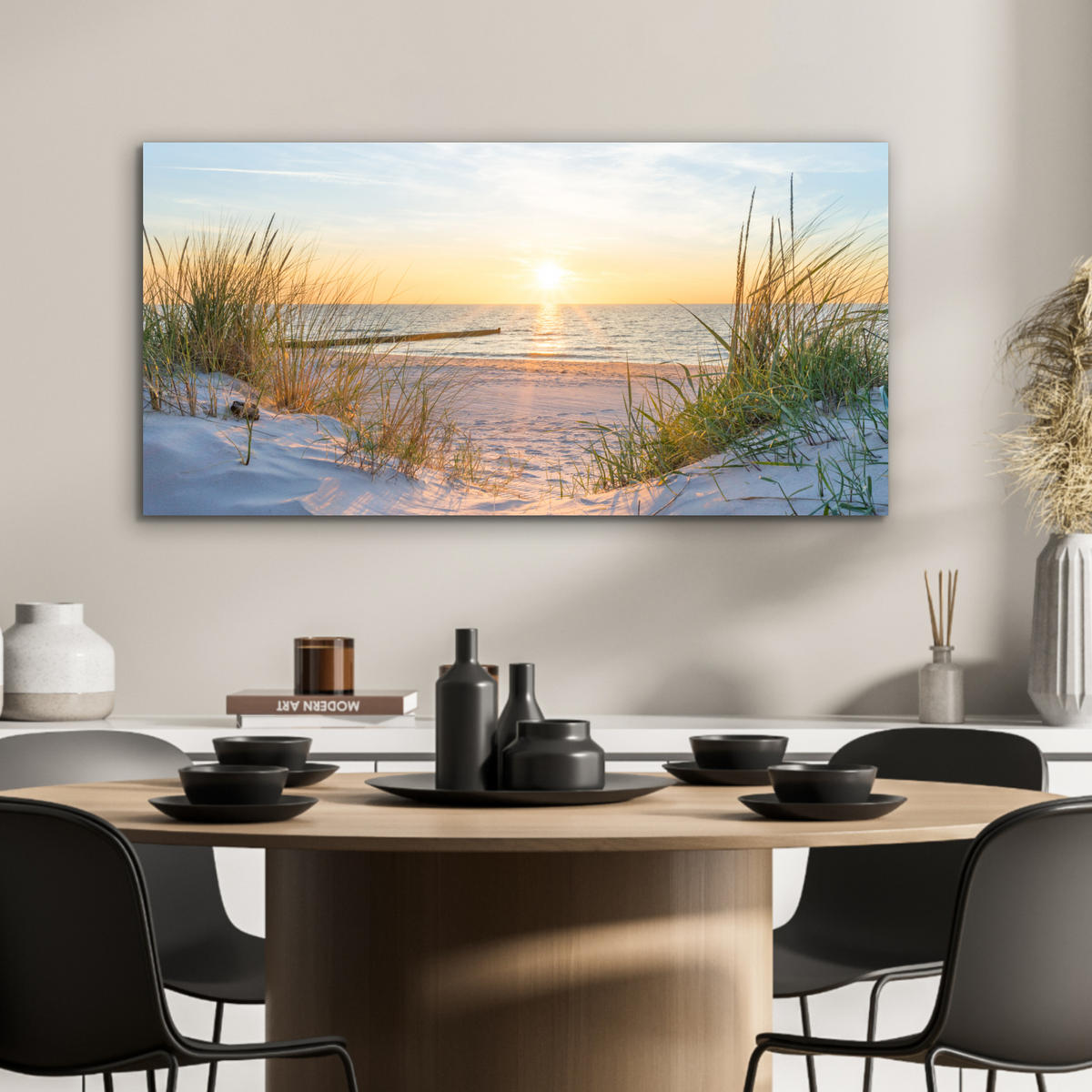 KOVOVÝ OBRAZ Pláž - Slnko - Duny - Tráva - Piesok - Horizont 80x40 cm - svetlomodrá, kov (80/40cm) - MuchoWow
