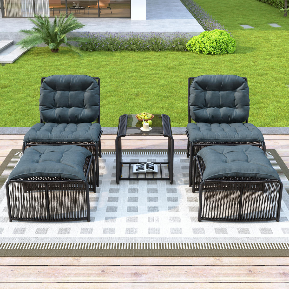 GARTENSET Rattan 5 tlg Tisch Stühle Hocker - Schwarz, Metall - LEBENLANG
