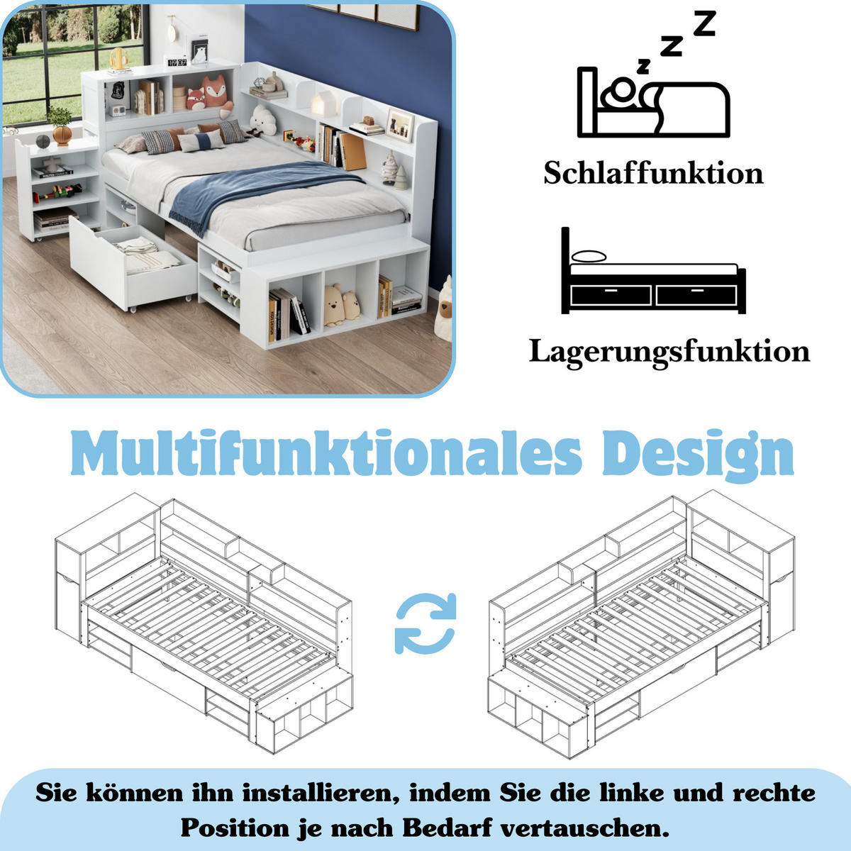 KINDERBETT 90x200cm Weiß Mit Schubladen Bücherregal & Schrank - Weiß, Holzwerkstoff (90/200cm) - FLIEKS