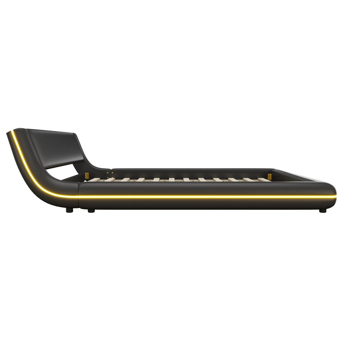 FLACHBETT 160/200 cm Schwarz mit LED-Umgebungslicht aus PU - Schwarz, Kunststoff (160/200cm) - OKWISH