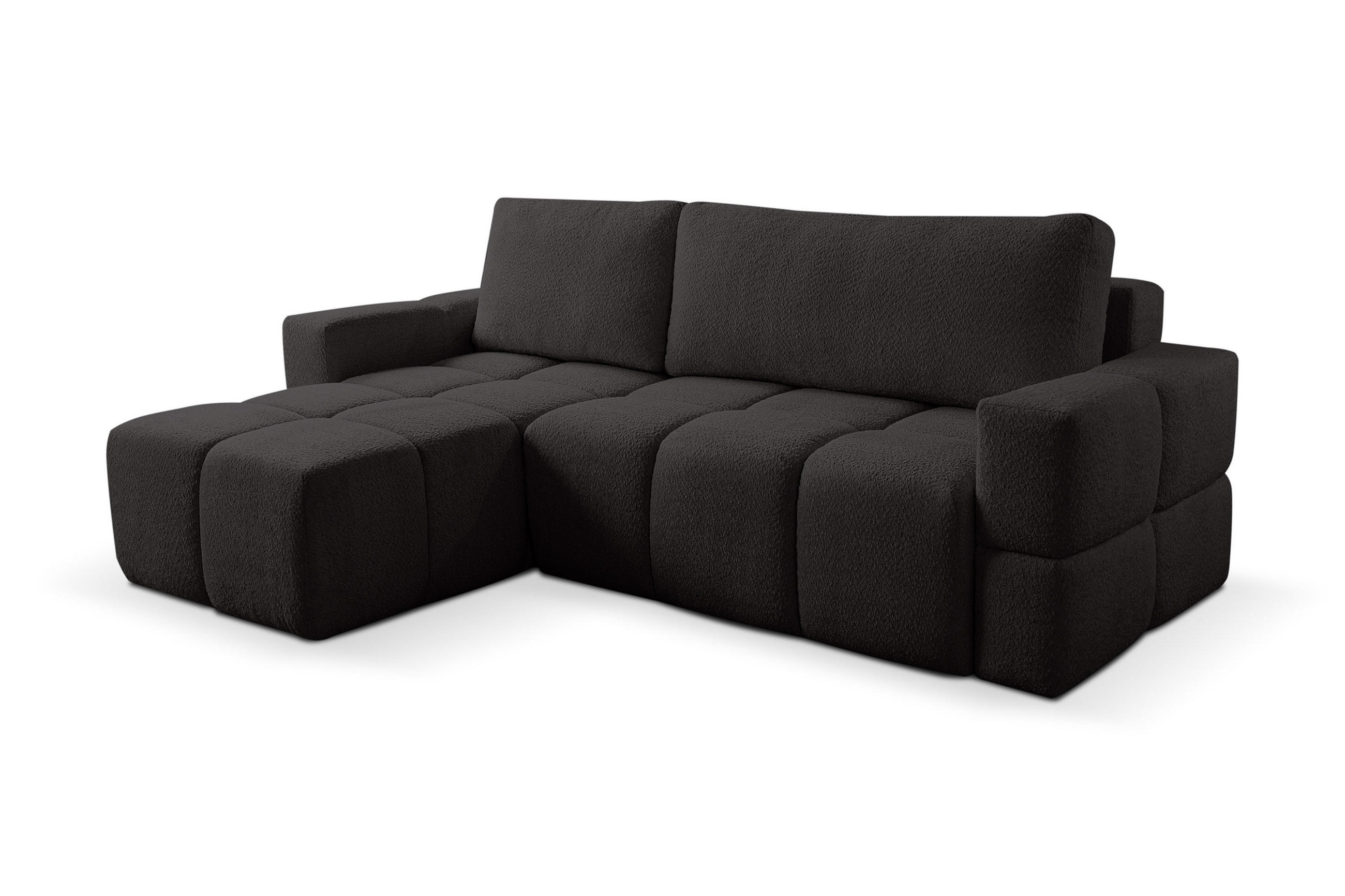 ECKSOFA LUSSO mit Schlaffunktion und Bettkasten, Farbe: Schwarz, Bouclé-Stoff, Ottomane Universal - Schwarz, Textil (255/165cm)