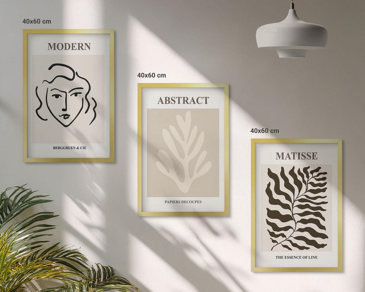 WANDBILDER 3er Set - 40x60 cm Goldrahmen - Gesicht Blätter Kunst Matisse - Goldfarben, Kunststoff (40/60cm) - ArtPrintCave