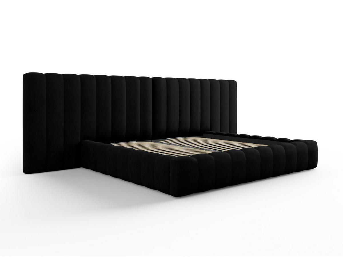 BETT mit Bettkasten und Doppelkopfteil Kelp aus strukturiertem Stoff schwarz 200x200cm - Schwarz, Textil (200/200cm) - Micadoni