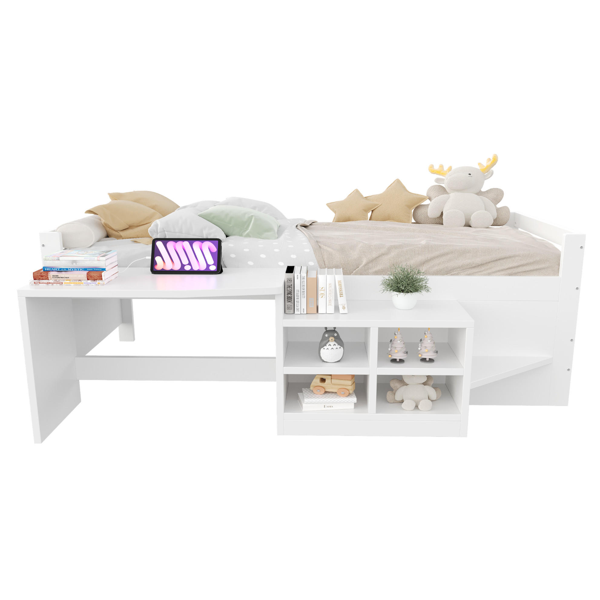 EINZELBETT 90/200 cm mit Staufächern und Schreibtisch in Weiß - Weiß, Holz (90/200cm) - OKWISH