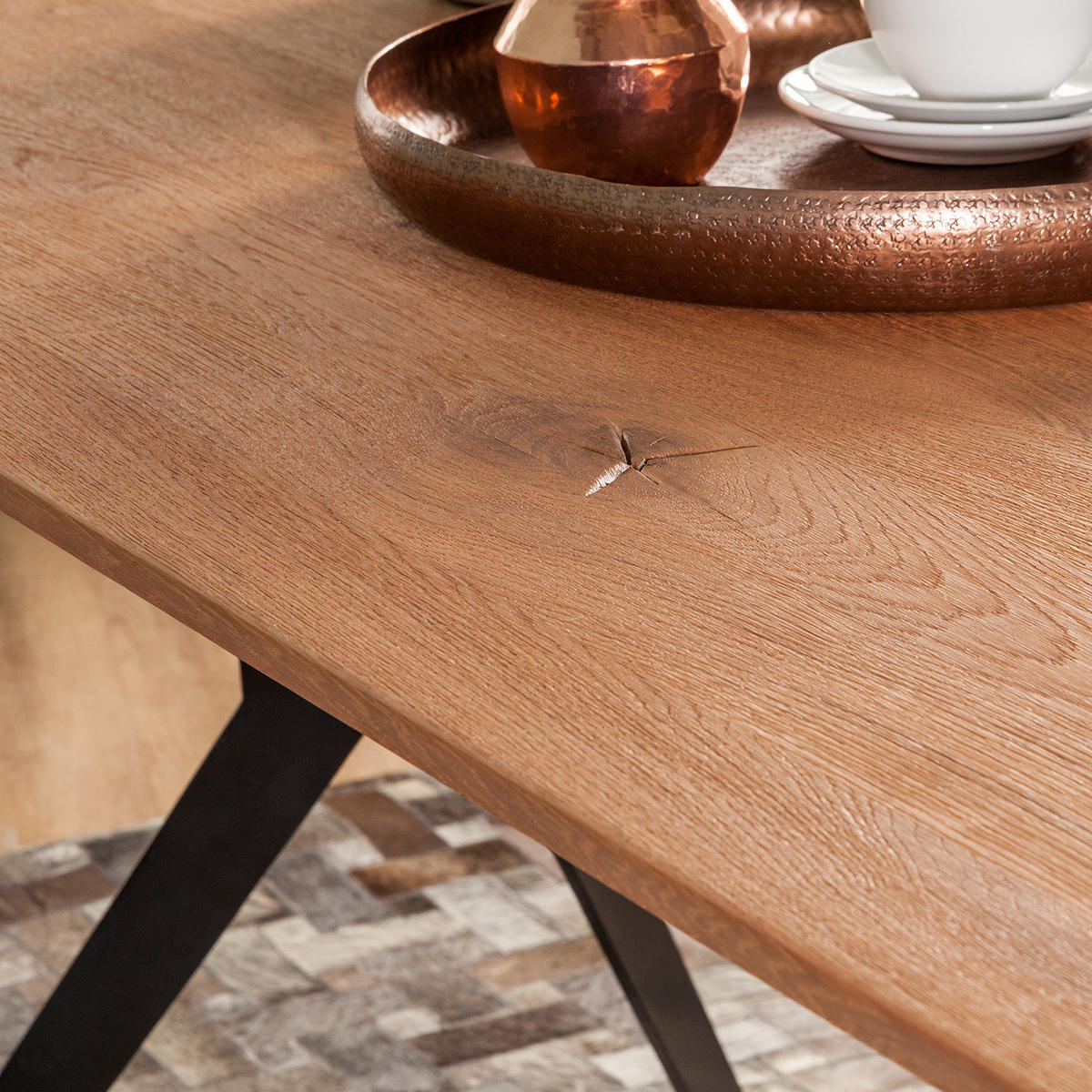 ESSTISCH - Zerreiche / Wildeiche massiv / Metall - Braun, Holz/Metall (90/180/76cm) - home24