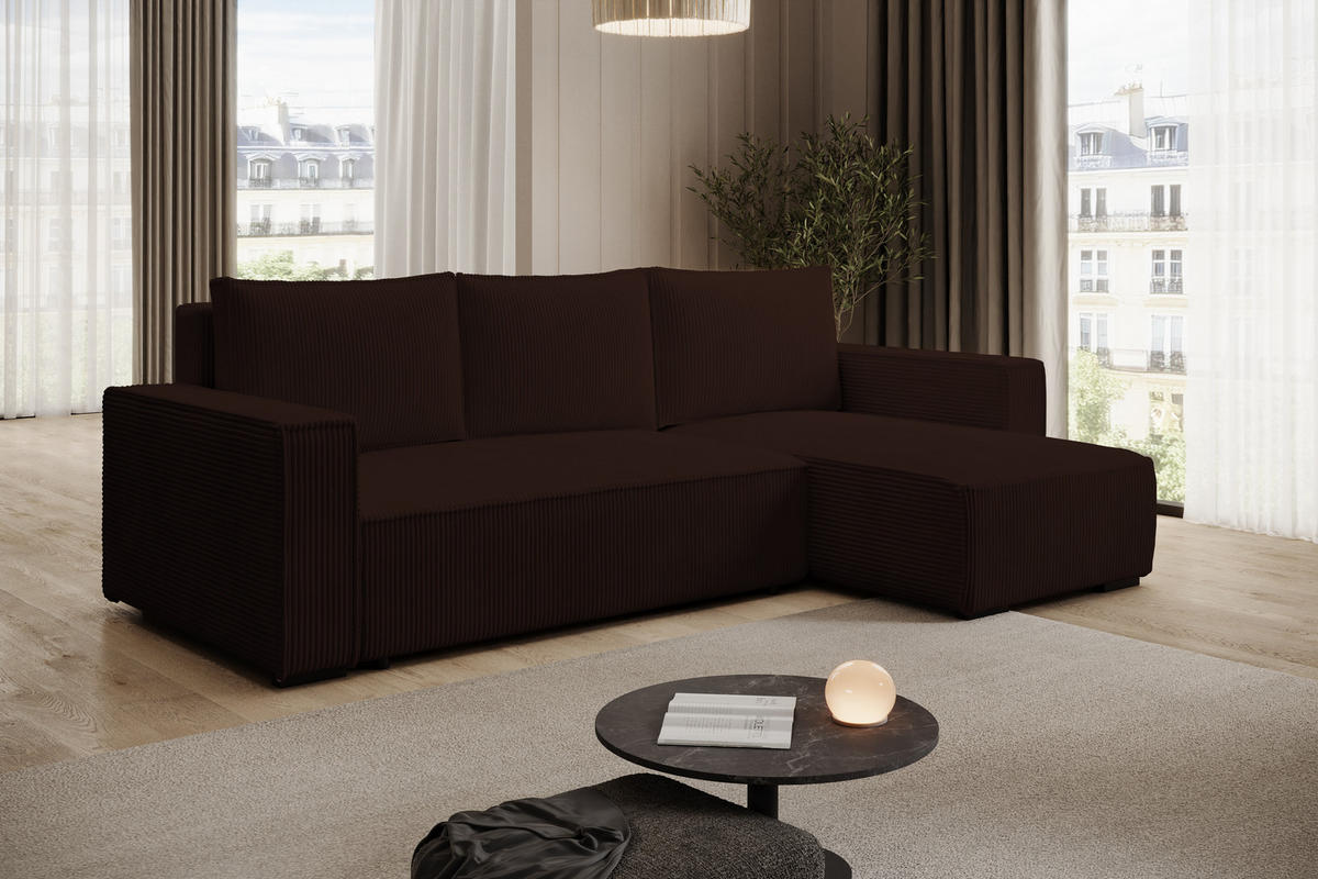 ECKSOFA CUDDY L, Eckcouch in L-Form mit Schlaffunktion und Bettkasten, Farbe: Dunkelbraun, Cordstoff, Ottomane Rechts - Dunkelbraun, Textil (240/140cm) - Storez24