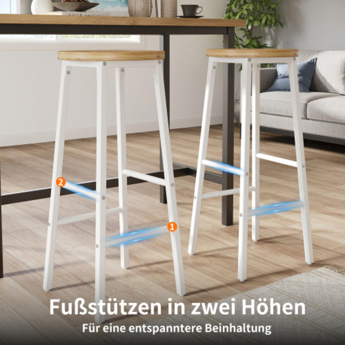 KÜCHENINSEL-SET 138-204×39×105 cm mit 2 Barhockern aus MDF und Metall, weiß mit Holzoptik - Weiß, Holzwerkstoff (204/105/39cm) - Luhomfu