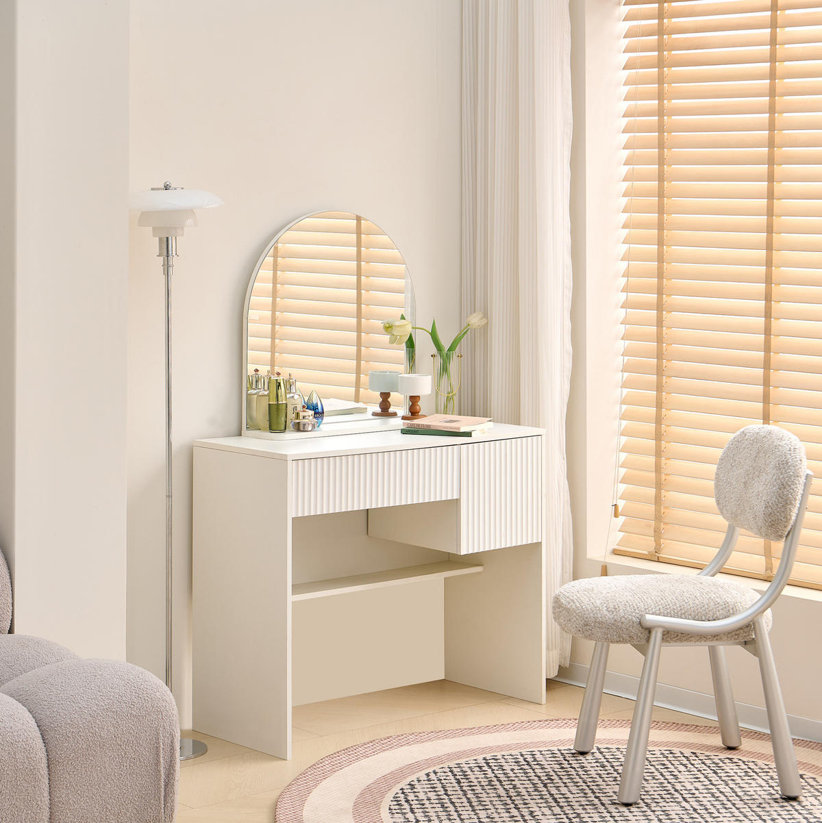 SCHMINKTISCH 90/40/135 cm mit Spiegel, 2 Schubladen und Ablage aus MDF, Weiß - Weiß, Holzwerkstoff (90/135/40cm) - Redom