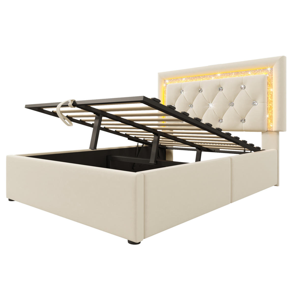 SAMT-POLSTERBETT 90/200 cm mit LED-Beleuchtung, Bettkasten & USB in Beige - Beige, Textil (90/200cm) - BEAOK