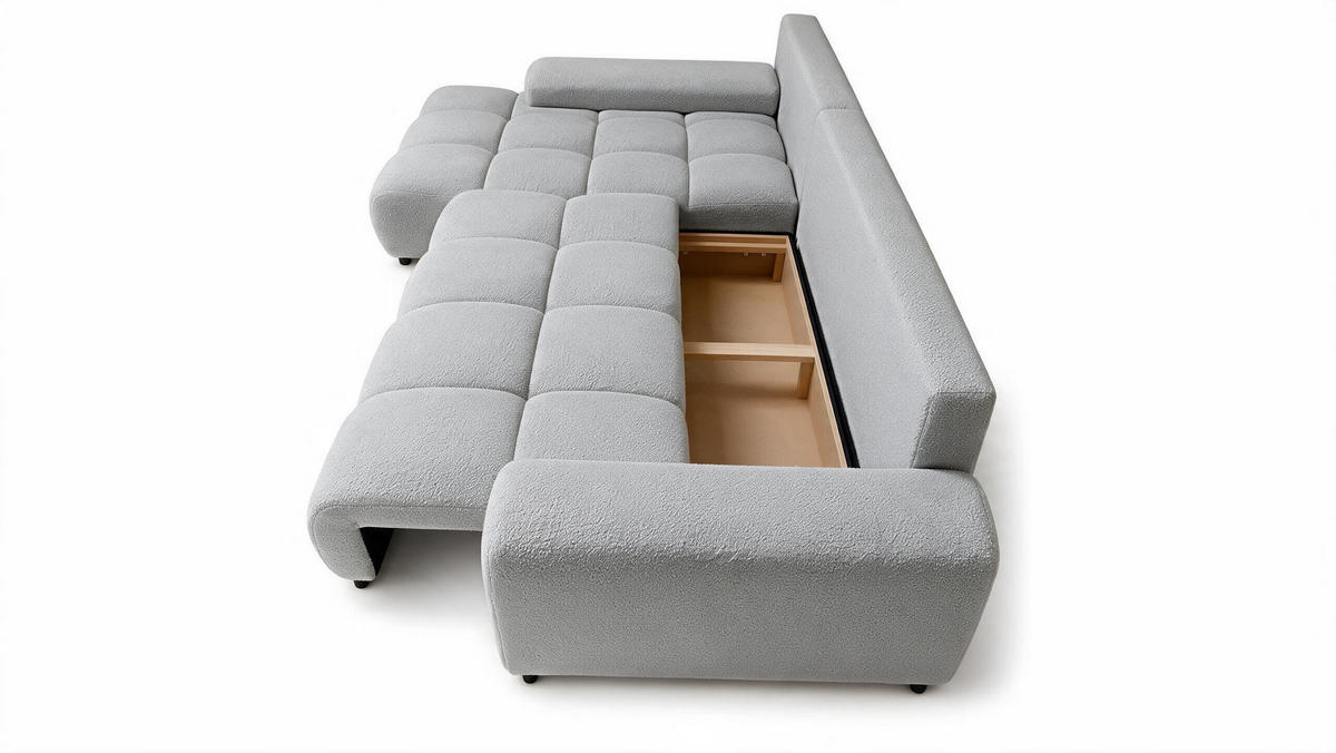 ECKSOFA Ovia mit Bettkasten und Schlaffunktion, Bouclé-Stoff in L-Form - Hellgrau, Textil (270/185cm)