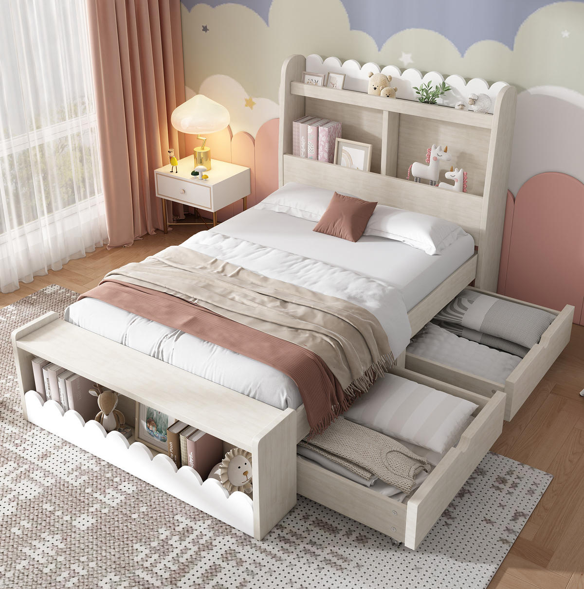 KINDERBETT aus Massivholz und MDF 90x200 cm Weiß/Eichefarben mit Schubladen und Stauraum - Beige, Holzwerkstoff (90/200cm) - IVMEU
