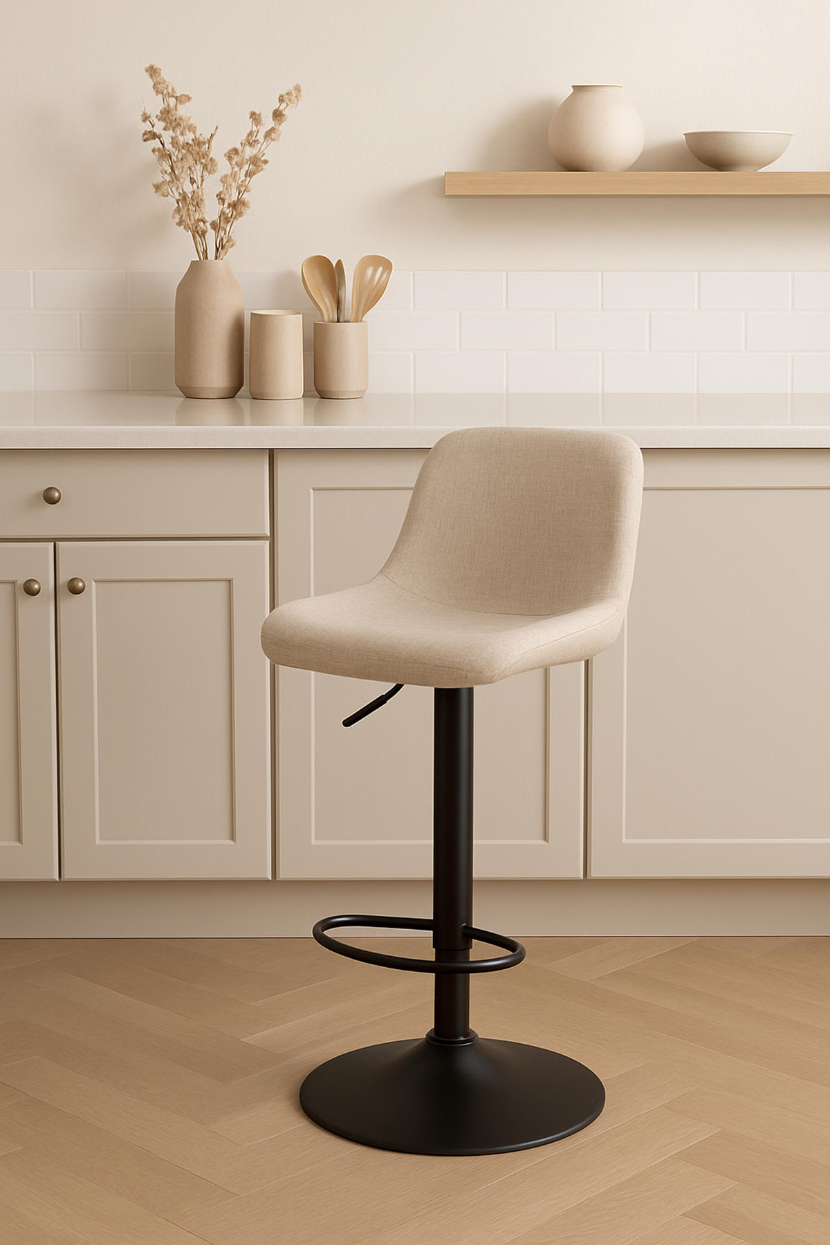 BARHOCKER 2er Set Lotus Stoff creme - Schwarz/Naturfarben, Textil/Metall (43/103/49cm) - TPFLiving