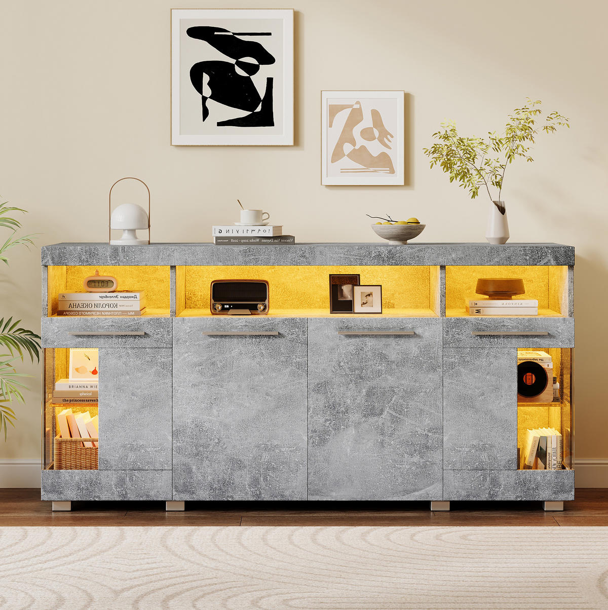 SIDEBOARD, 140/40/70 cm, MDF a tvrzené sklo, cementově šedé, s LED osvětlením - šedá, kompozitní dřevo (140/70/40cm) - BEAOK