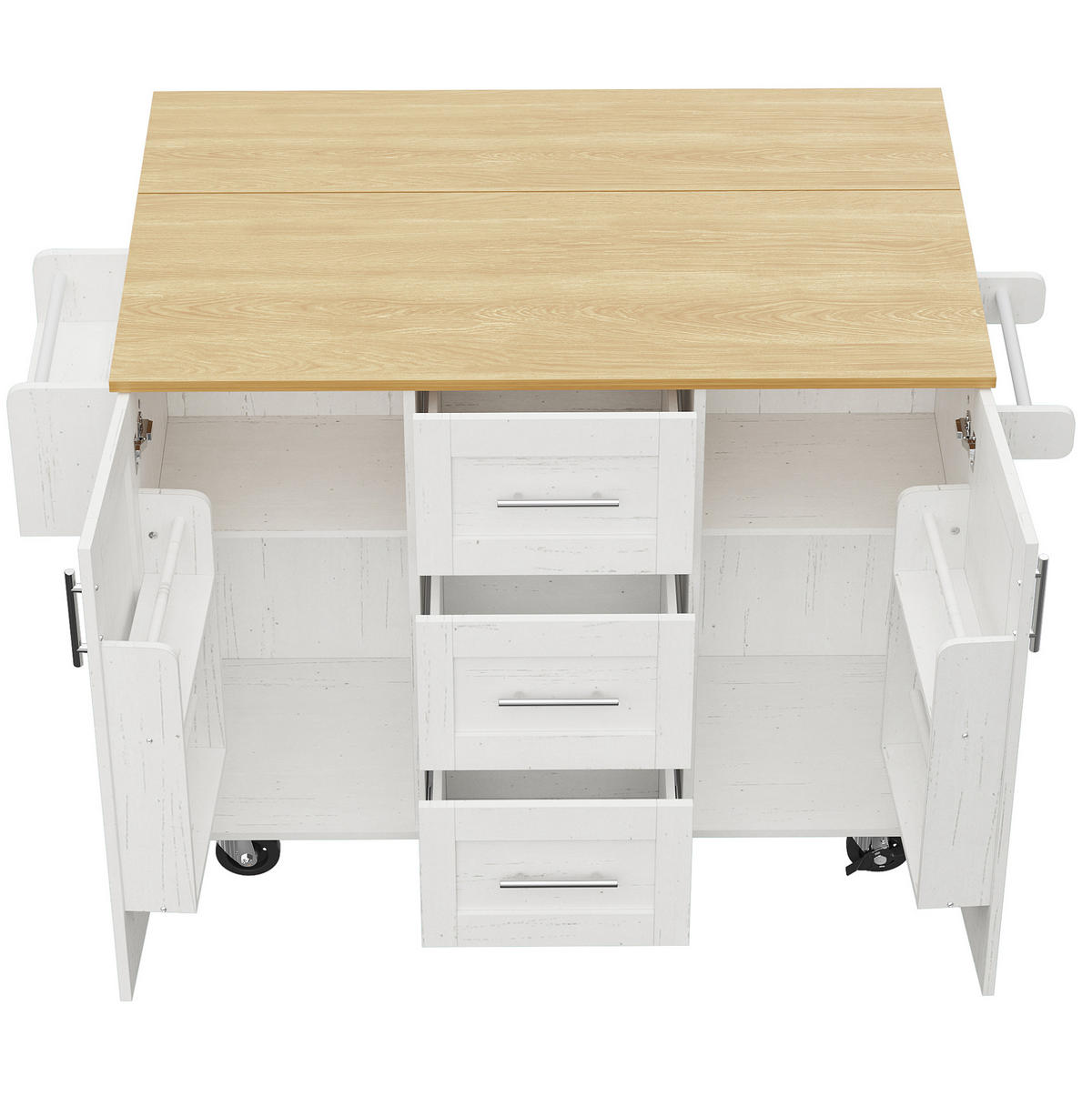 KÜCHENWAGEN 135x74x87.2cm Weiß mit Klappseiten, 3 Schubladen, Snackregal & 5 Rollen - Weiß, Holzwerkstoff (135/87.2/74cm) - Modfu