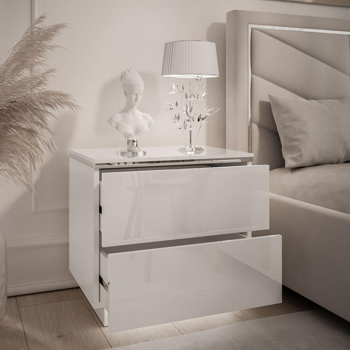 NACHTTISCH AURORA II SILVER Hochglanz Weiß mit LED-Beleuchtung – mit Sockel - Weiß Hochglanz, Holzwerkstoff (50/48/37cm) - Lookway