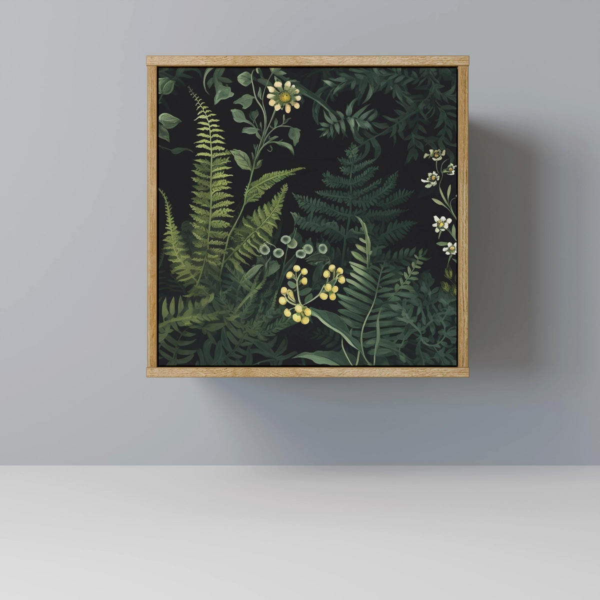 SIDEBOARD FERN FLOWERS, Eichefarben, 57,5x42x67,5 cm, Schwarze Metall-Rahmenfüße - Eichefarben/Multicolor, Holzwerkstoff/Metall (57.5/67.5/42cm) - SpaceRebels