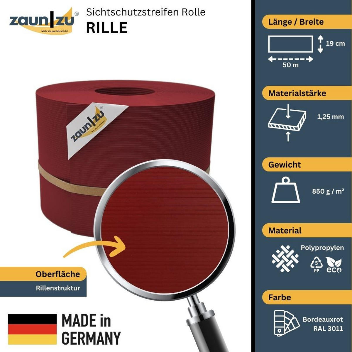 SICHTSCHUTZSTREIFEN Rille PP für Doppelstabmatte Zaunblende Bordeauxrot 50m - Bordeaux, Kunststoff (5000/19cm) - ZAUN|ZU
