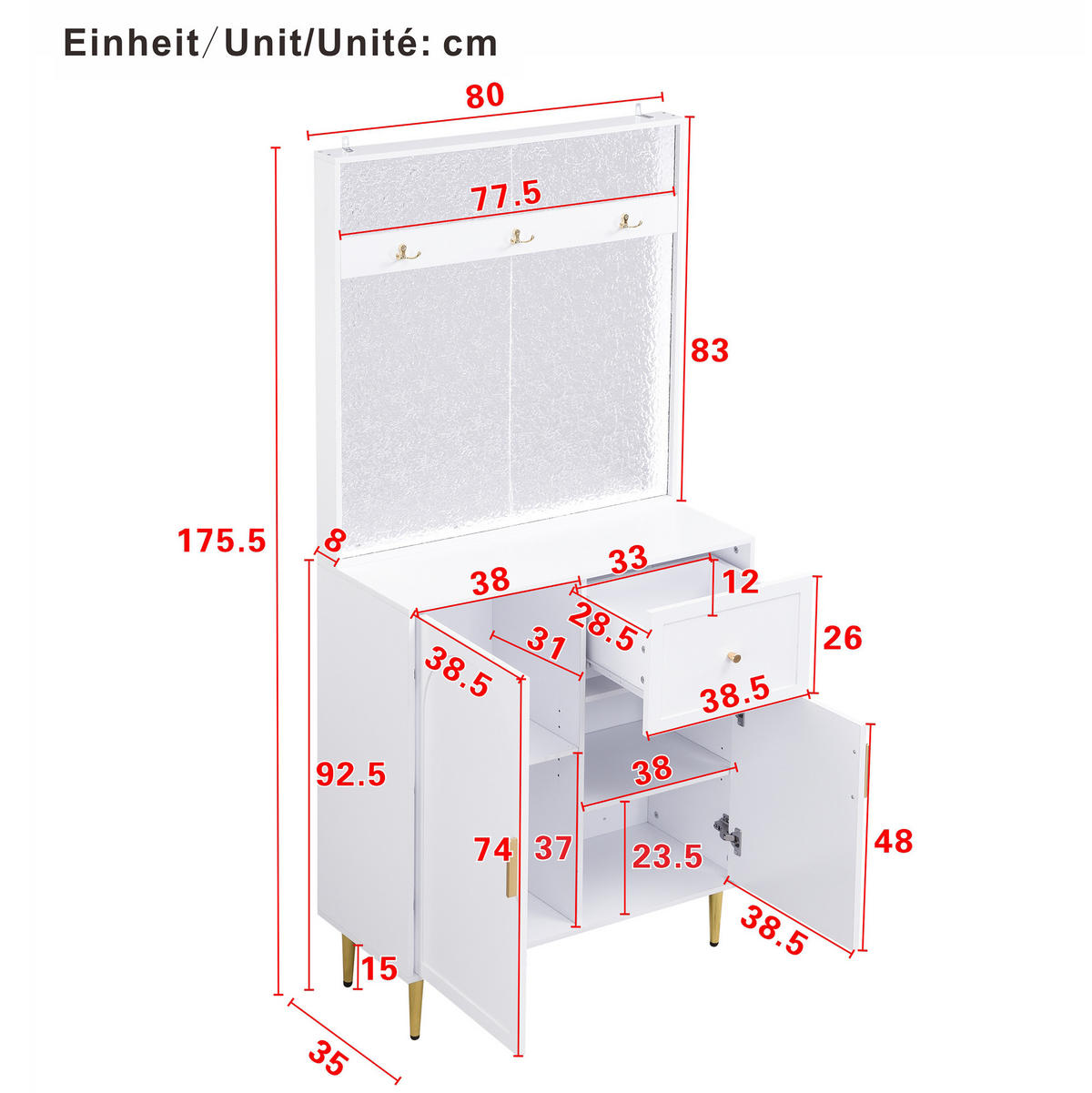 SCHUHSCHRANK aus MDF 80x35x175,5cm in Weiß mit Soft-Close & Haken - Weiß, Holzwerkstoff (80/175.5/35cm) - Modfu