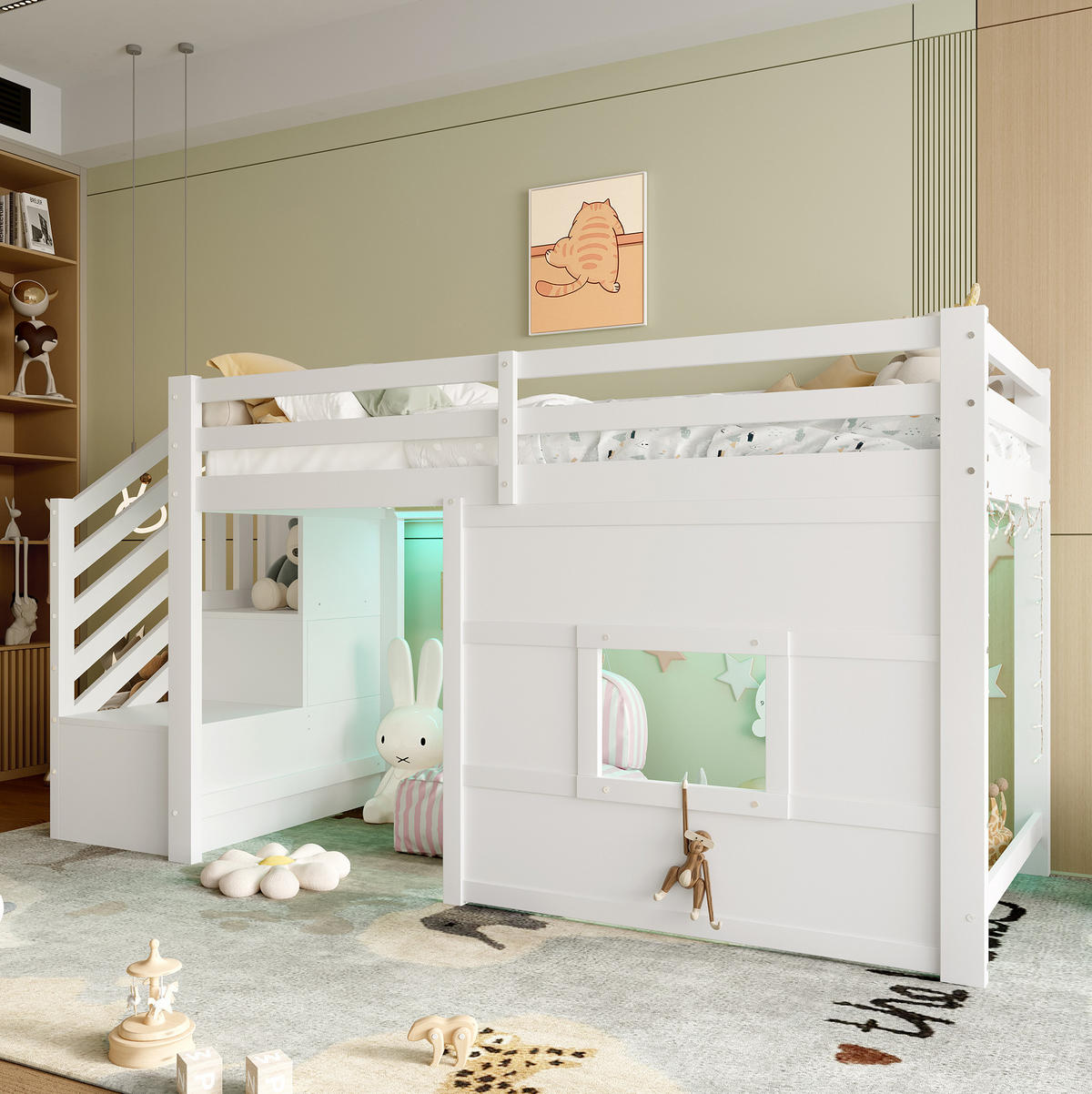 HOCHBETT 90/200 cm, Weiß mit Stauraumtreppe, Fenster und LED - Weiß, Holz (90/200cm) - MIVRAY