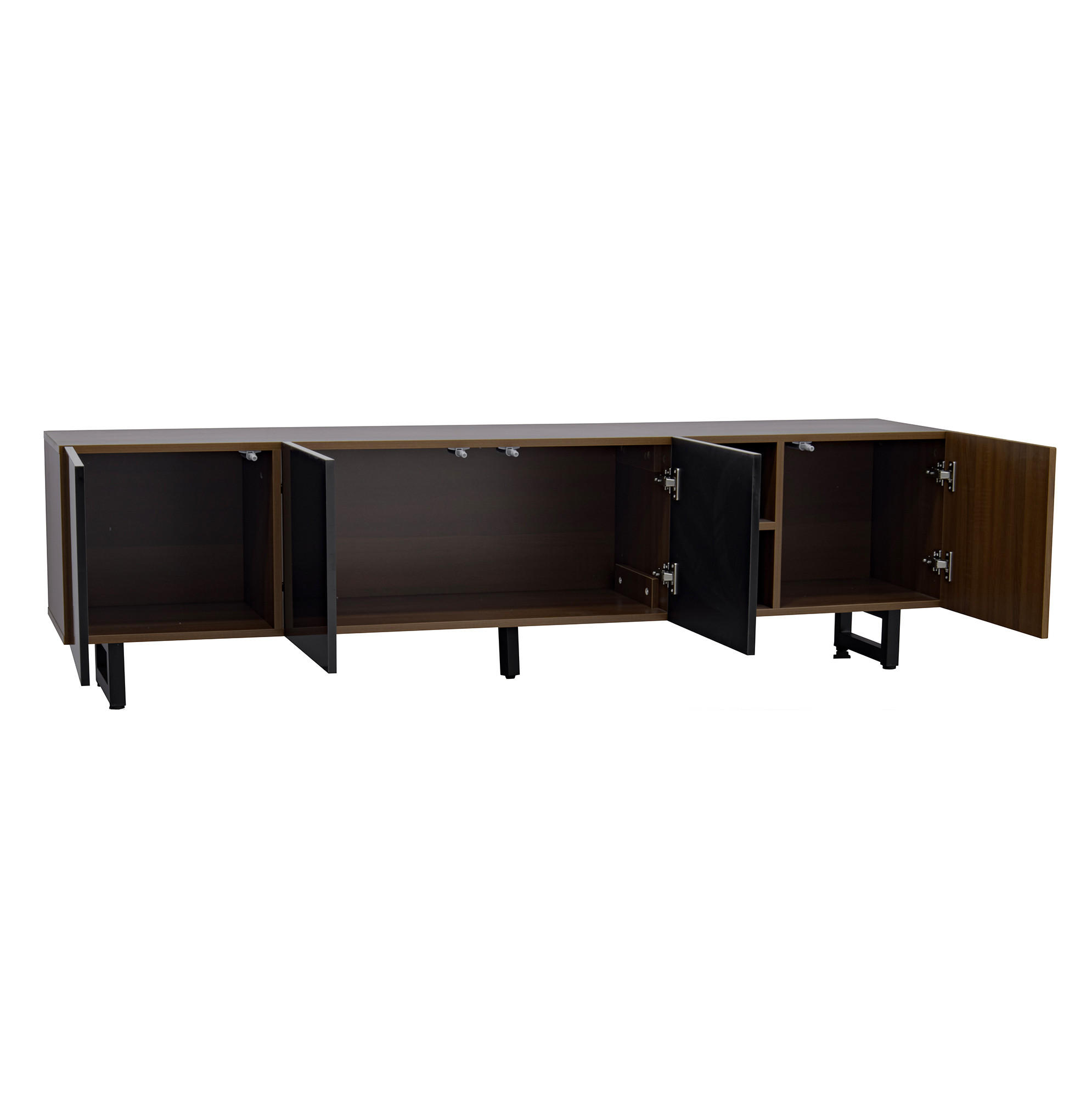 Modfu TV stolek z MDF a dřevotřísky 180x38x50 cm černá/přírodní s bezúchytkovými dvířky a vysokým leskem