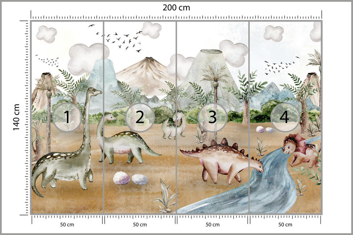 FOTOTAPETE für Kinderzimmer Dinosaurier Welt Vulkane Aquarell Tropische Bäume 200x140 - Blau/Beige, Papier (200/140cm) - Muralo