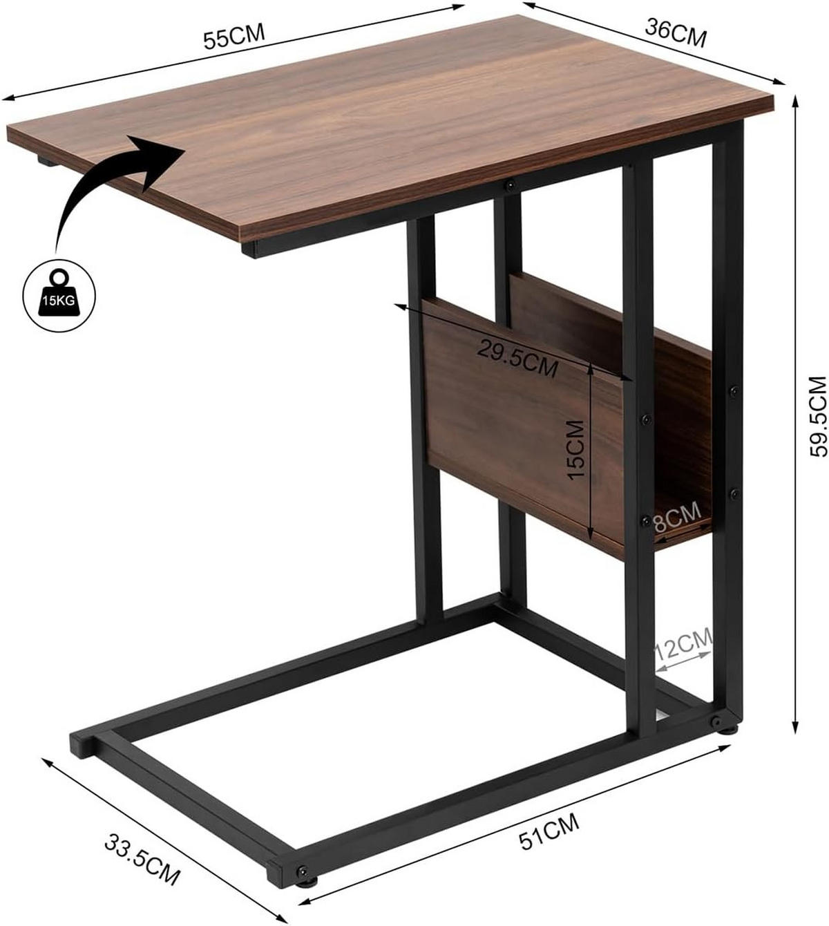 BEISTELLTISCH 55x36x59,5cm(BxTxH), Dunkelbuche - Buche Kolonial/Schwarz, Holzwerkstoff/Metall (36/55/59.5cm) - Woltu