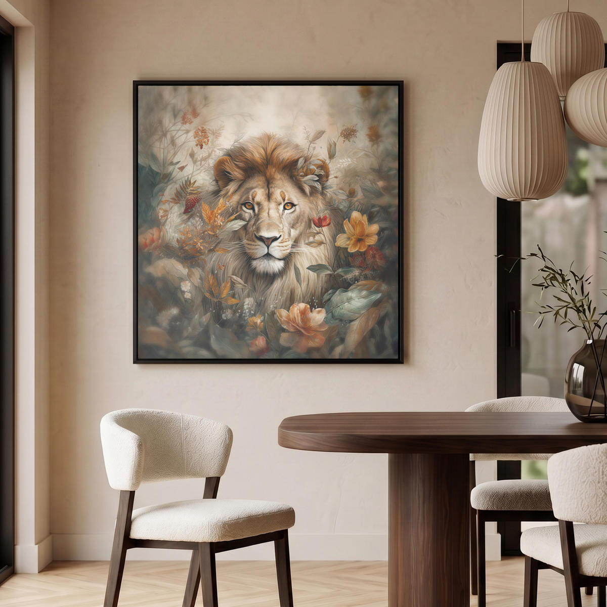 LEINWAND Bilder mit Rahmen - Löwe - Wildtiere - Pflanzen - Natur - Blumen - 90x90 - Beige, Textil (90/90cm) - MuchoWow