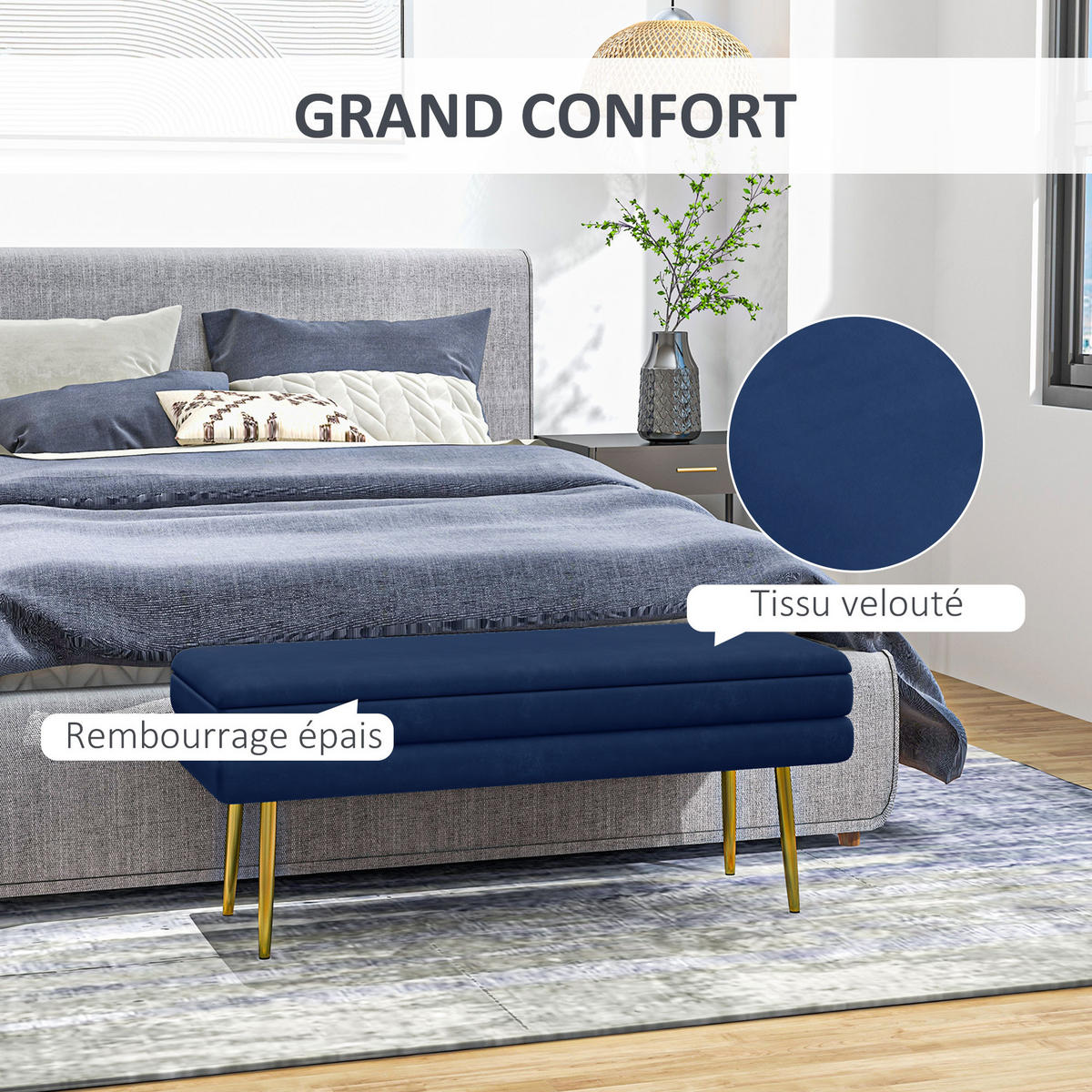 TRUHENBANK DE-16419 2-in-1 mit Stauraum und Samtbezug Blau/Gold - Blau, Textil (100/42/37.5cm) - ComfortXL