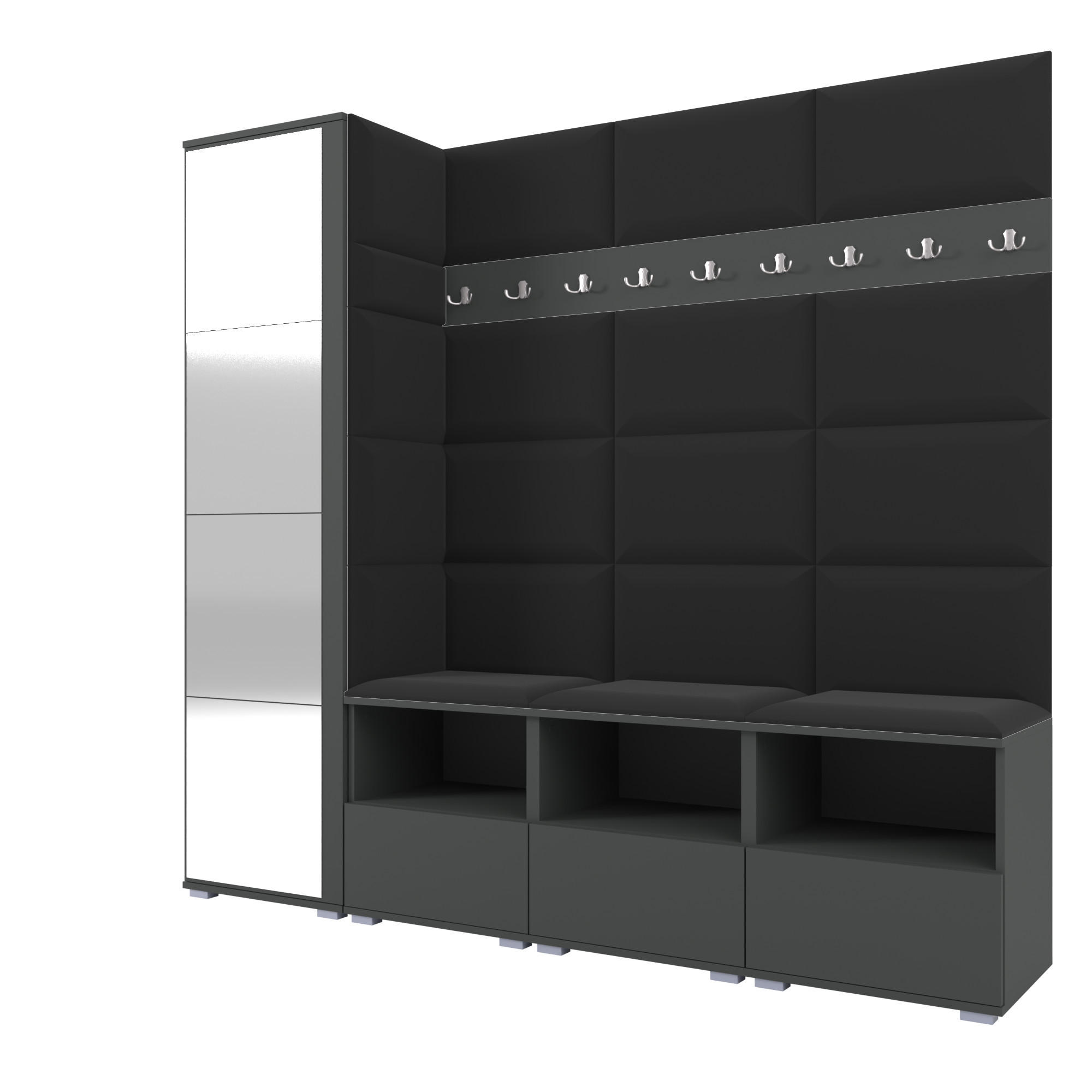 GARDEROBE NELA IX 200 cm (Modulare Flurmöbel Graphit mit Spiegel & Sitzpolster Schwarz 16 Breite Sitzbank) - Silberfarben/Schwarz, Holz/Holzwerkstoff (200/187/40cm) - Ravio