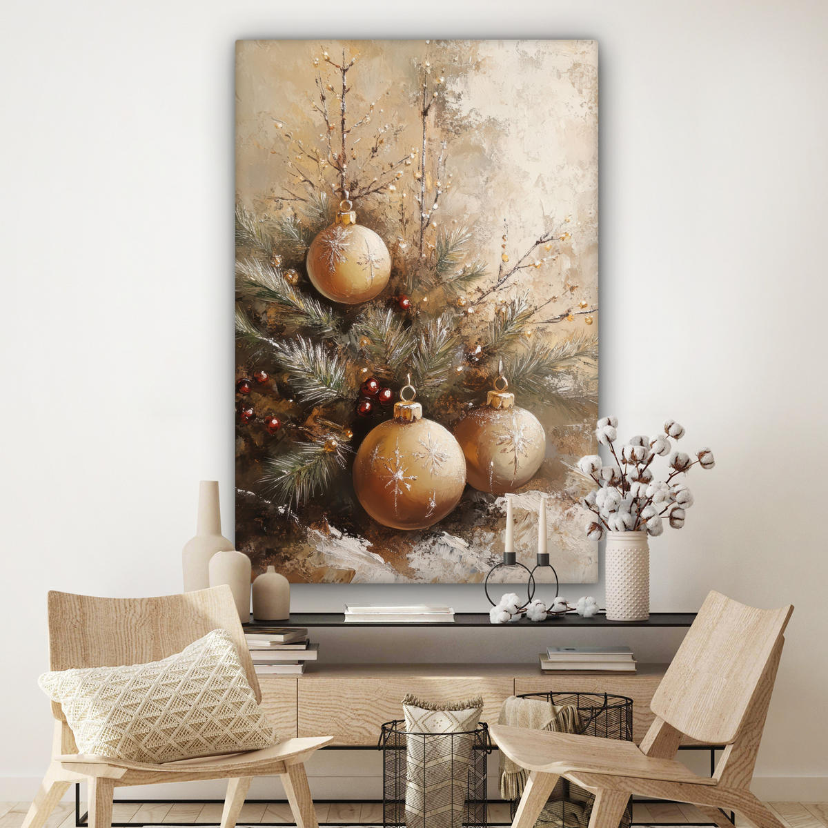 OBRAZ NA PLÁTNĚ Vánoce - ozdoby - béžové - zlaté 90x140 cm - zlatá, textil (90/140cm) - MuchoWow