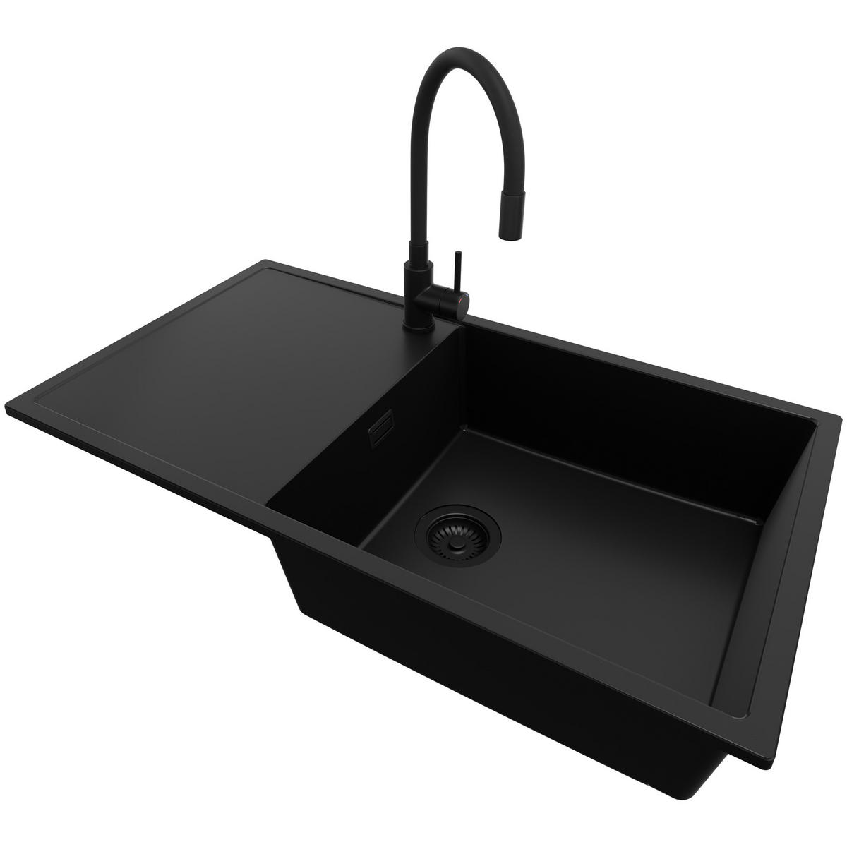 GRANITSPÜLE Ibiza, 2-er set Alles Schwarz 90/50 cm 1 Becken + Küchenarmatur 40/38 cm + Ablauf-Set ab 60er Unterschrank - Schwarz, Kunststoff (90/19/50cm) - Primagran