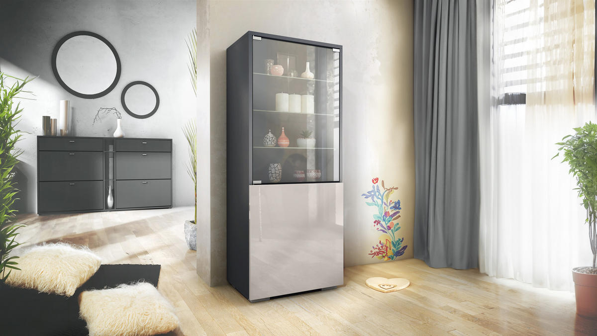 VITRINE Granada Sandgrau Hochglanz - Sandfarben, Holzwerkstoff (50/122.5/34.5cm) - Vladon
