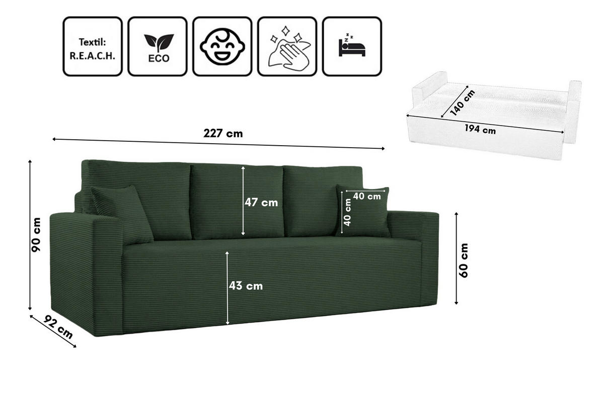 SCHLAFSOFA ZOOM Mit Bettkasten Stoff Zoom Grün - Grün, Holz/Textil (227/90/92cm) - Kaiser Möbel