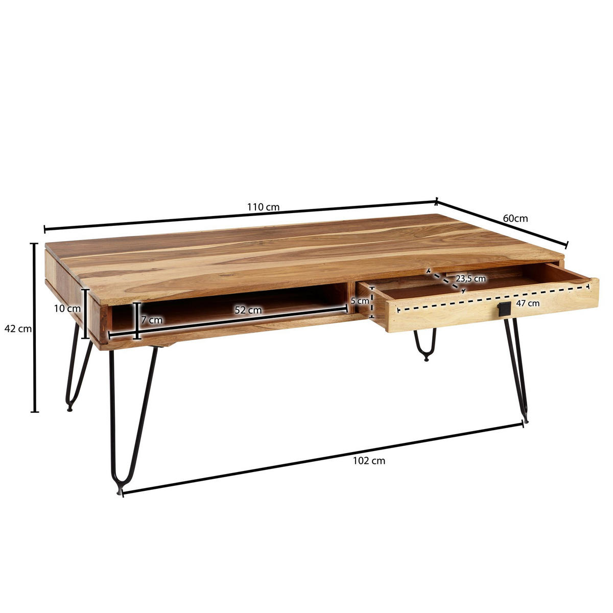 COUCHTISCH BALU mit Schubfächern aus Massivholz und Metallfüßen, leichter Aufbau, Beige 110x60x60 cm - Beige/Schwarz, Holz/Metall (60/110/60cm) - KADIMA DESIGN