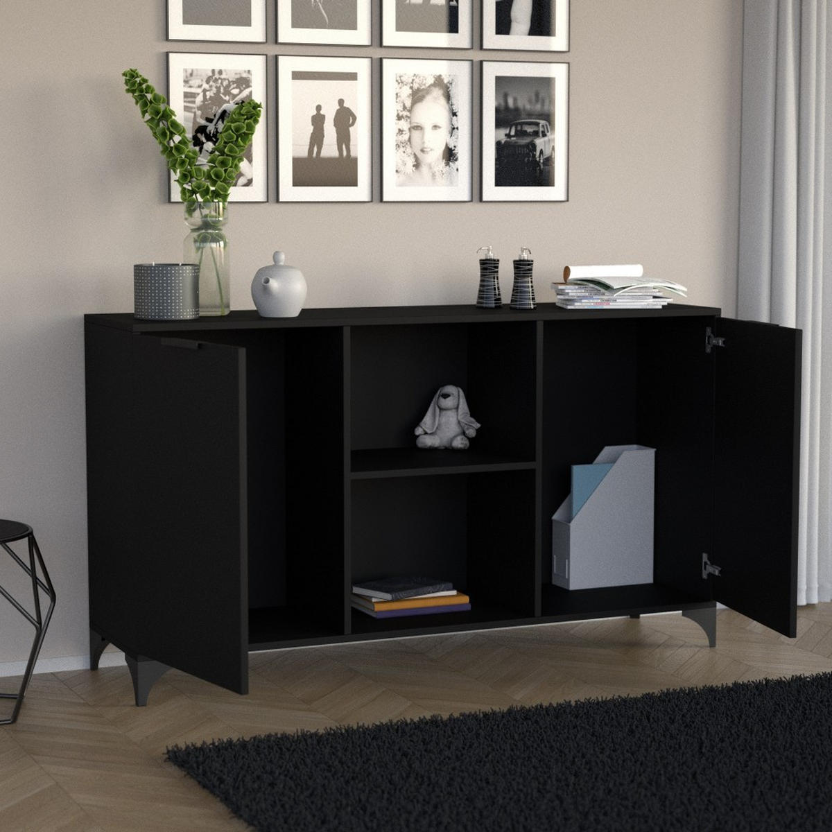 KOMMODE Home mit 2 Türen, ohne Griffe, Schwarz - Schwarz, Holzwerkstoff (150/85/40cm) - Beautysofa