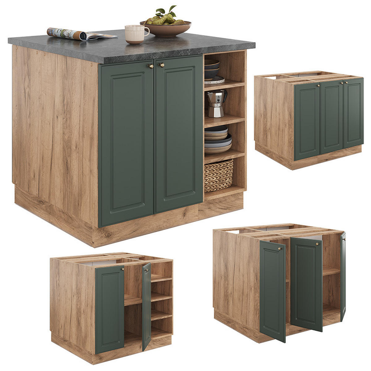 KÜCHENINSEL Fame-Line Grün-Gold Landhaus/Goldkraft Eiche 90 cm ohne AP - Honigeiche/Grün, Holzwerkstoff (90/82/82cm) - Vicco