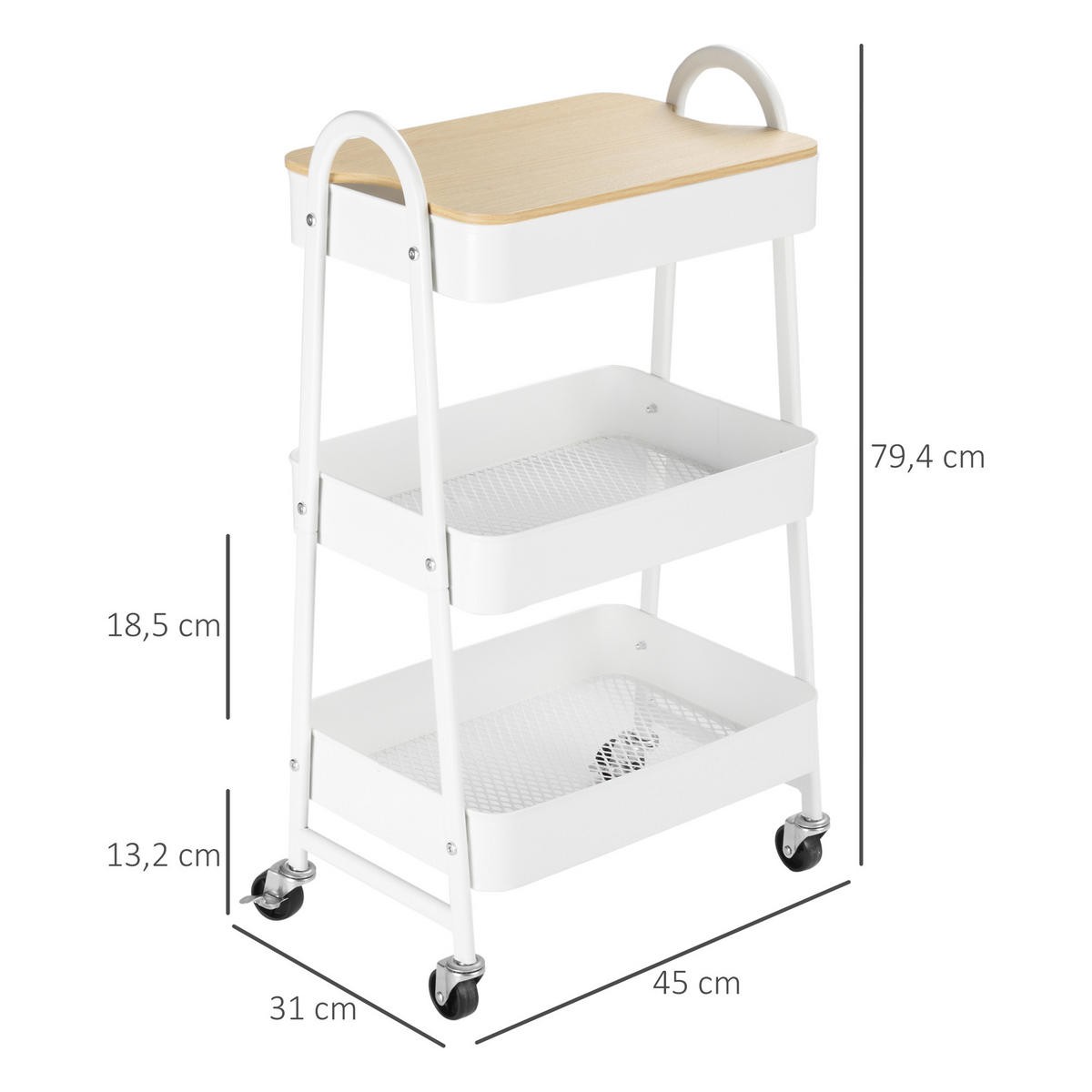 KÜCHENWAGEN 3-Etagen Aufbewahrungswagen Servierwagen Küchenregal mit Rollen Weiß - Weiß, Metall (31/79.4/45cm) - HOMCOM