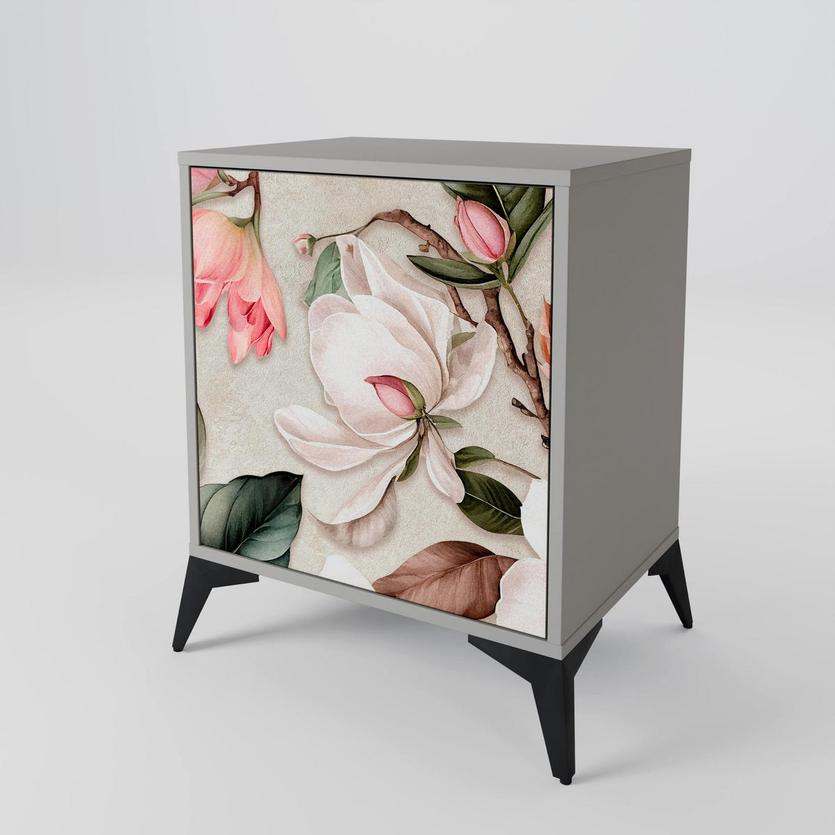 SIDEBOARD FLORAL GRACE, Grau, 57,5x42x67,5 cm, Schwarze Metall-Rahmenfüße - Multicolor/Schwarz, Holzwerkstoff/Metall (57.5/67.5/42cm) - SpaceRebels