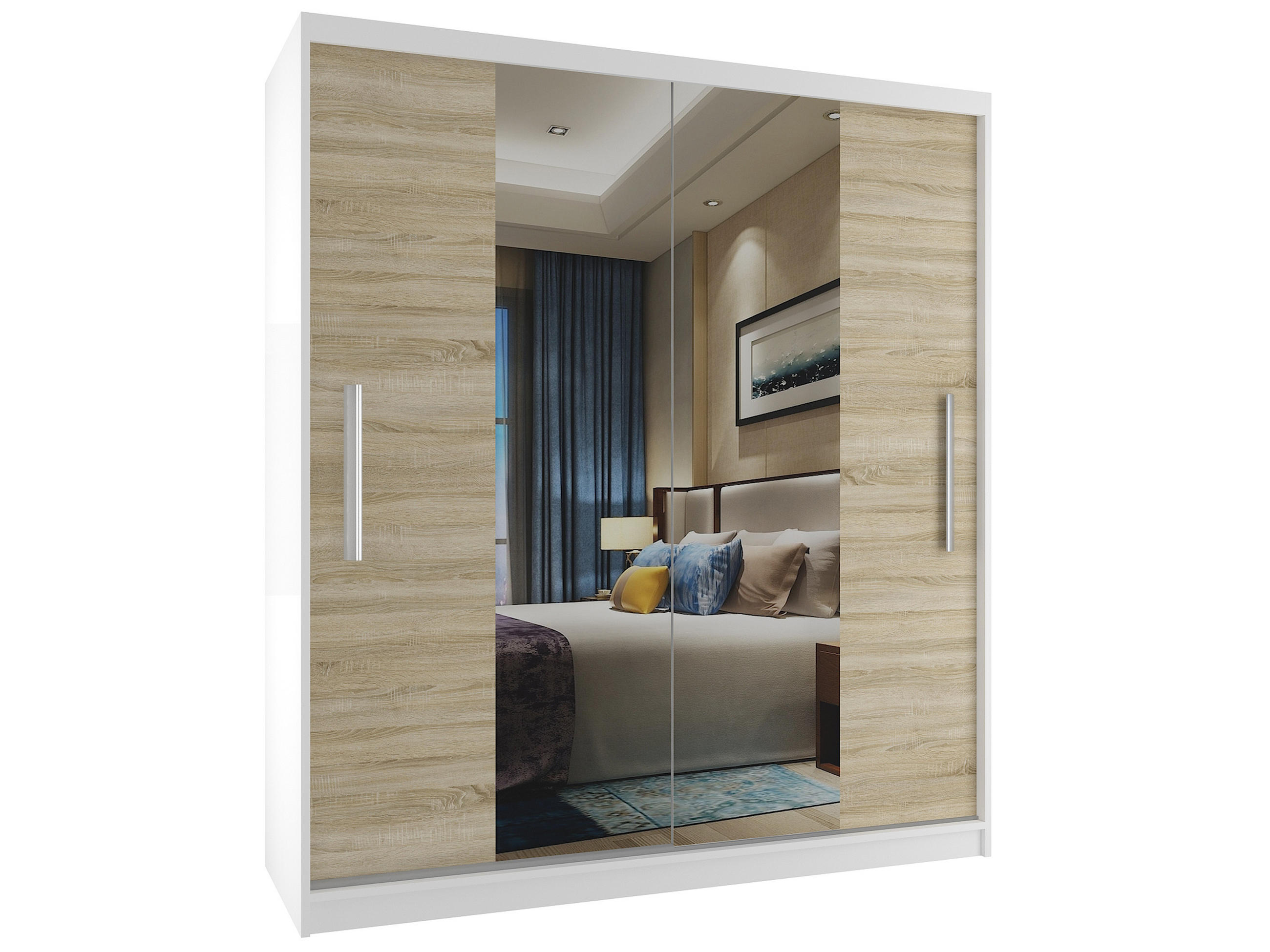 SCHWEBETÜRENSCHRANK Verona ME, Weiß/Sonoma Eiche Matt, 133 cm, mit Spiegel & 4 Schubladen - Sonoma Eiche, Holz (133/216/60cm) - B BELINI GROUP