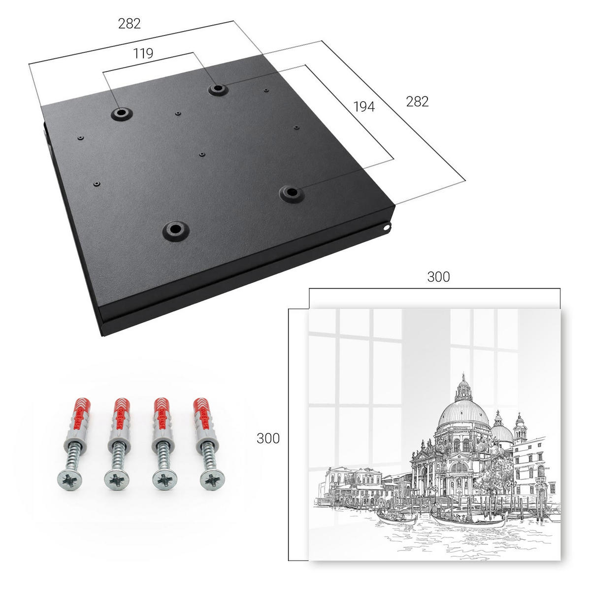 SCHLÜSSELBOX Schwarz 30x30 cm- Türöffnung nach rechts - Venedig-Linien - Weiß, Metall (30/30/5cm) - TULUP