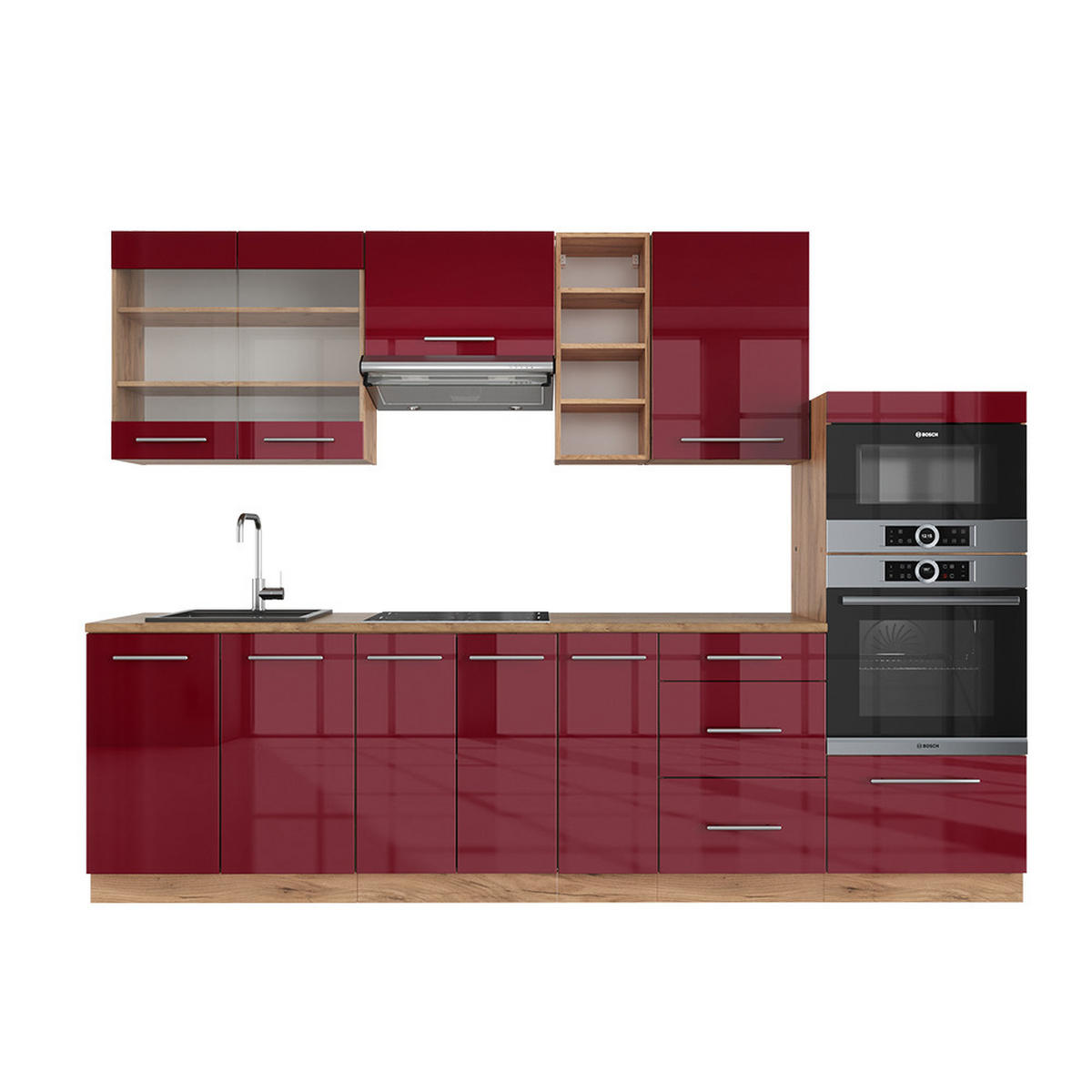 KÜCHENZEILE Fame-Line Bordeaux Hochglanz/Goldkraft Eiche 280 cm ohne AP - Bordeaux/Eiche Wotan, Holzwerkstoff (280/81.6/46cm) - Vicco