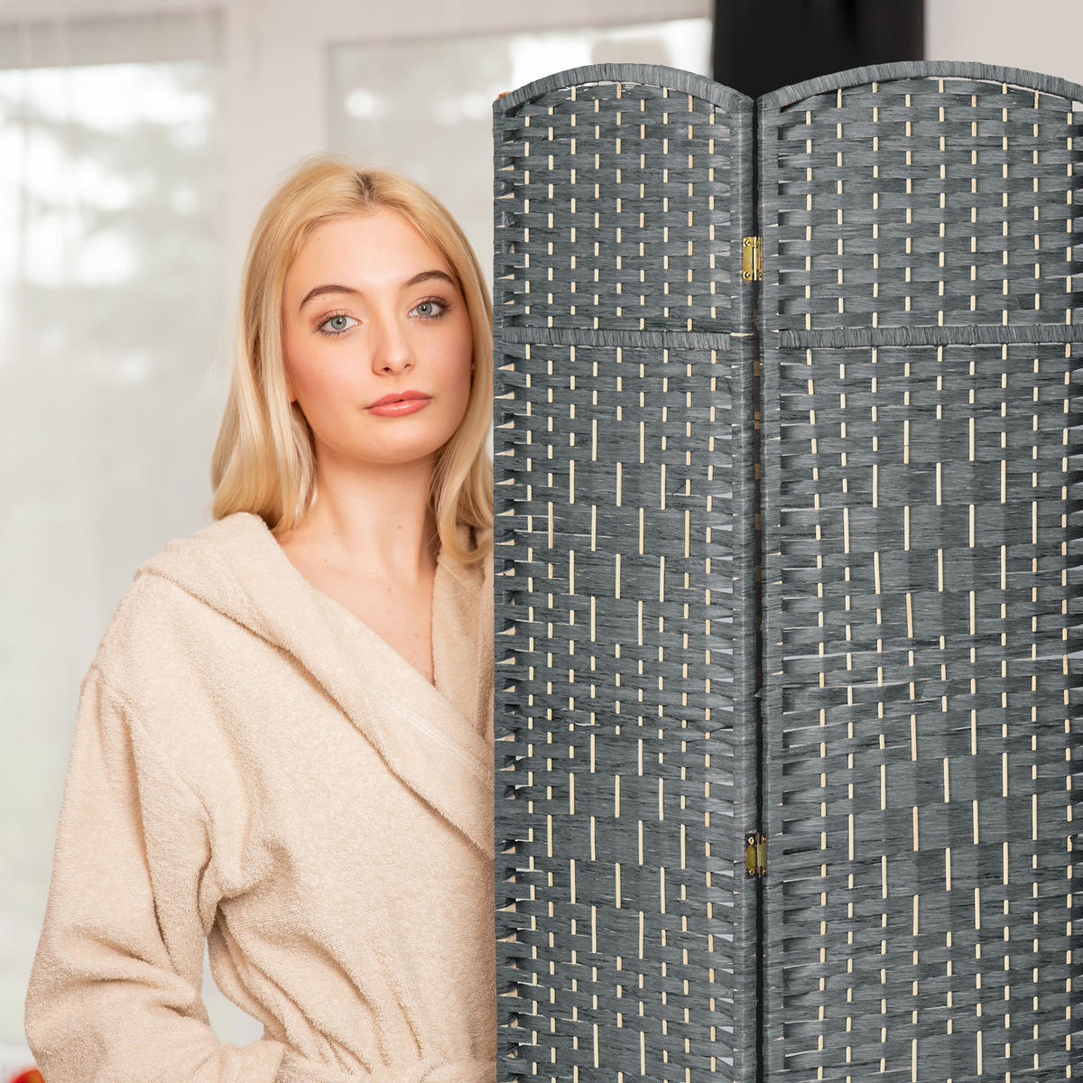 PARAVENT - Grau, Holz/Papier (241/170/2cm) - Relaxdays