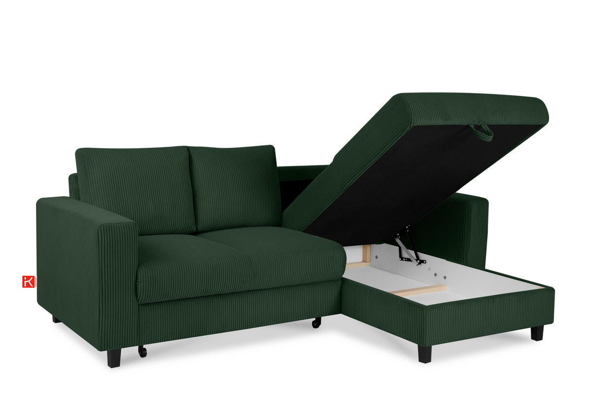 ECKSCHLAFSOFA EGRET Rechts mit Bettkasten, Cord-Stoff, dunkelgrün - Dunkelgrün, Textil (234/90cm) - KONSIMO®