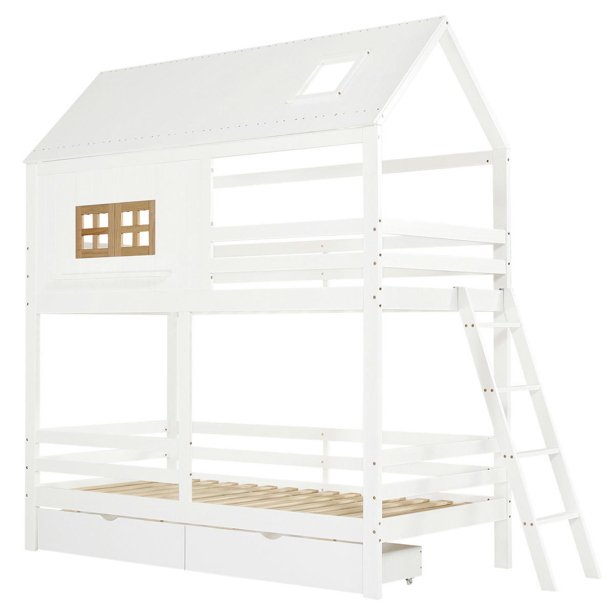 ETAGENBETT 90/200 cm aus Kiefer und MDF mit Dach, Fenstern, Leiter und 2 Schubladen, Weiß/Natur - Weiß, Holz (90/200cm) - Redom