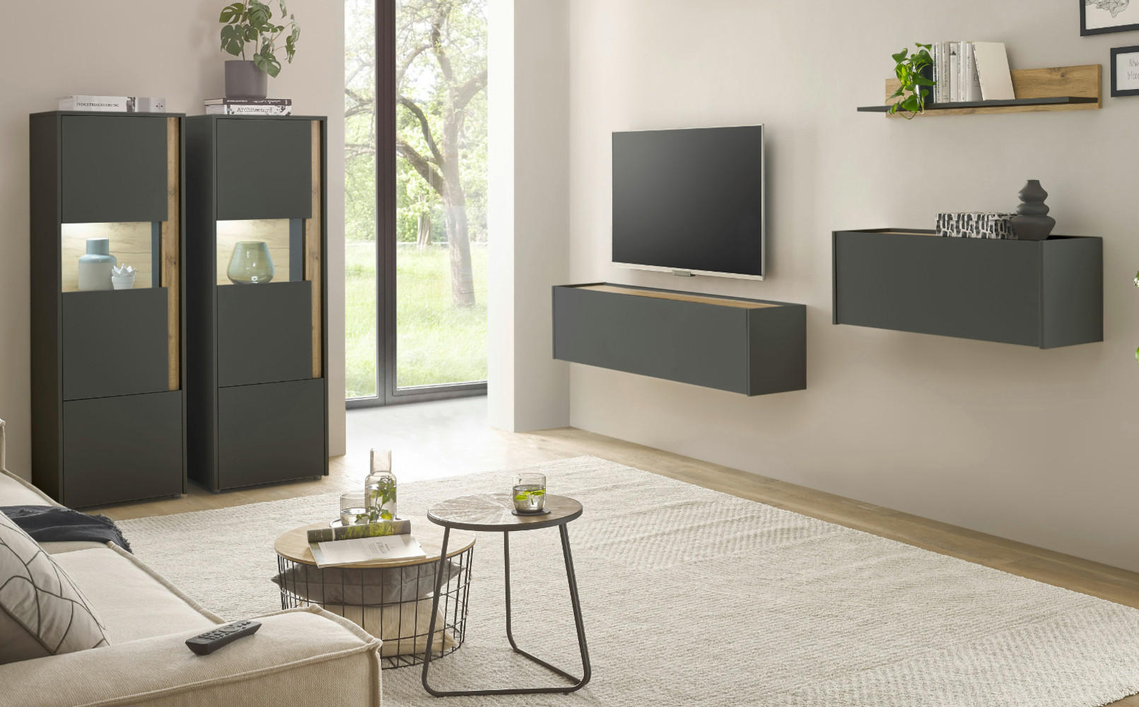 WOHNWAND grau matt, Eiche Wotan 410 cm, Wohnkombination mit Sekretär - Eiche Wotan/Grau, Holzwerkstoff/Kunststoff (410/170/40cm) - Furn.Design