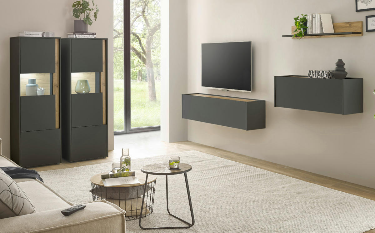 WOHNWAND grau matt, Eiche Wotan 410 cm, Wohnkombination mit Sekretär - Eiche Wotan/Grau, Holzwerkstoff/Kunststoff (410/170/40cm) - Furn.Design