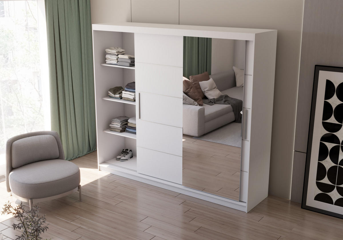 SCHWEBETÜRENSCHRANK ALBA ohne Spiegel Weiß, mit Profil LED 250cm - Alufarben/Weiß, Holzwerkstoff/Kunststoff (250/218/61cm) - imoebel24